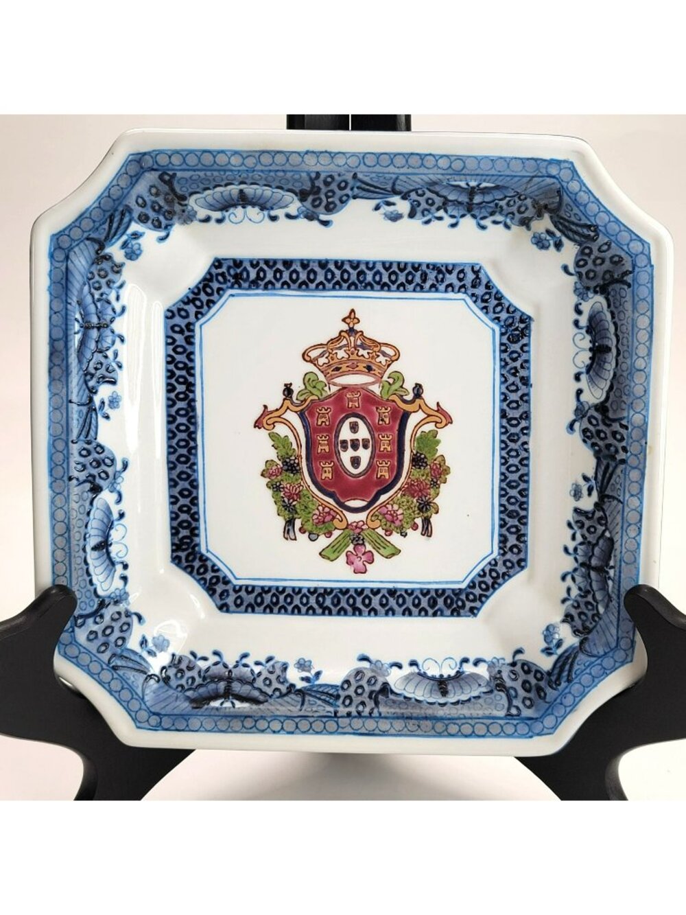 Vintage Square Porcelain Plate Asian Delft Blue Floral Portuguese Crest DH792